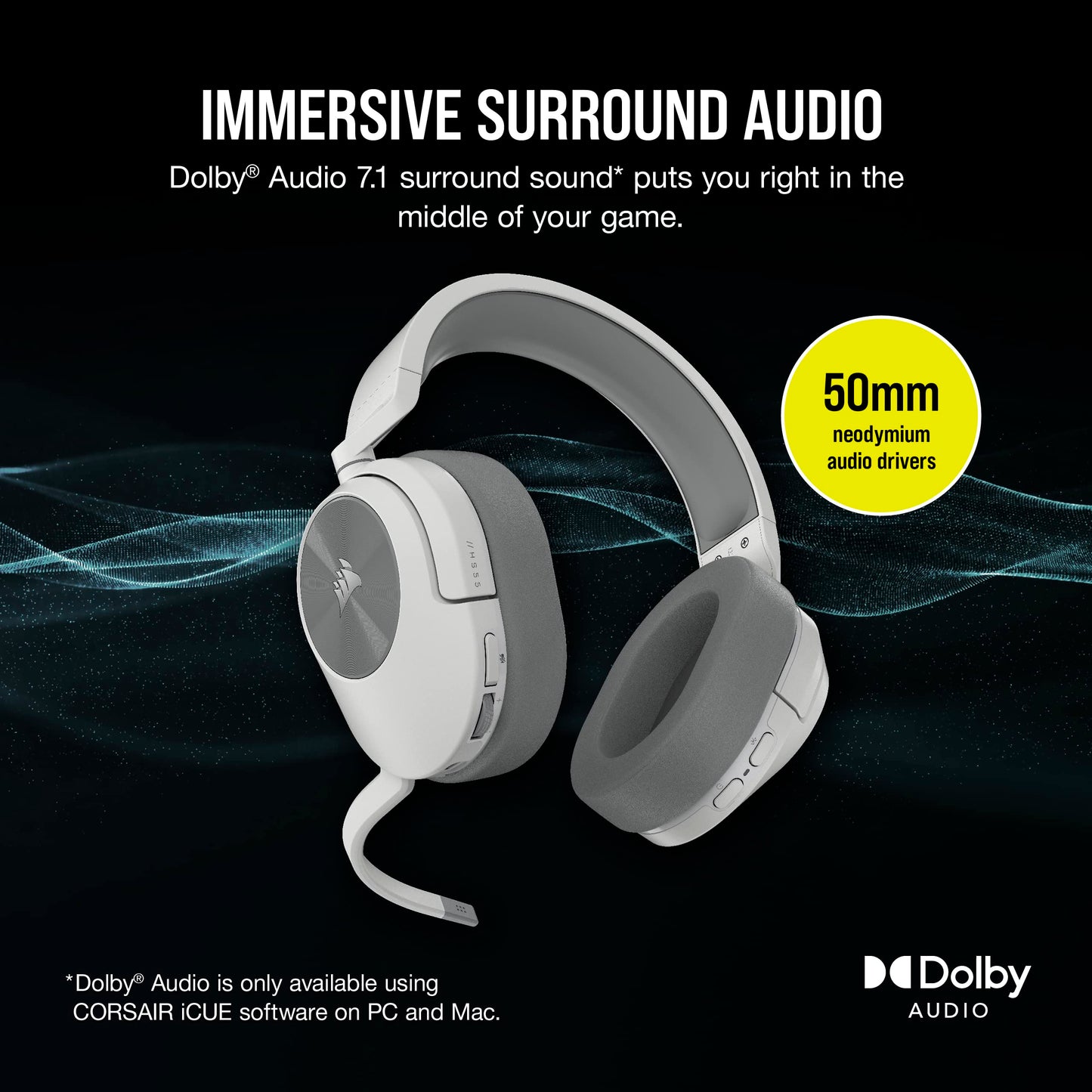 Corsair HS55 Wireless Multiplatform Lightweight Gaming Headset with Bluetooth - Dolby 7.1 Surround Sound - iCUE Compatible - PC, PS5, PS4, Nintendo Switch, Mobile - White