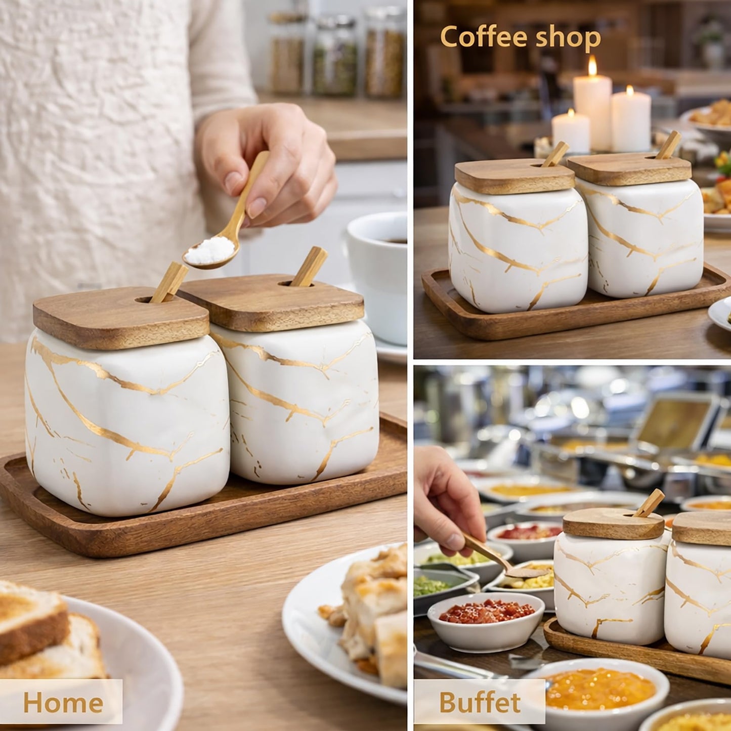 JFFLYIT 2 Sets of Marble Ceramic Sugar Bowl Ceramic Seasoning Jars with Wooden Lid and Wooden Spoon(White)
