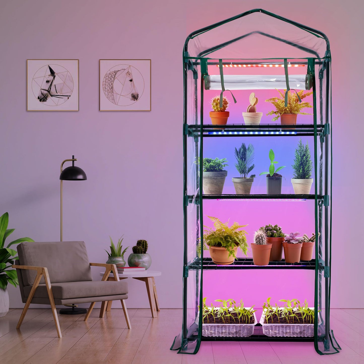 Meonum Indoor Greenhouse with LED Grow Lights, 4 Tier Mini Greenhouse with Roll-Up Zipper PVC Waterproof Cover and Trays, Dimmable Plant Grow Light for Indoor Plant with Timer, 27 L X 19 W X 63 H