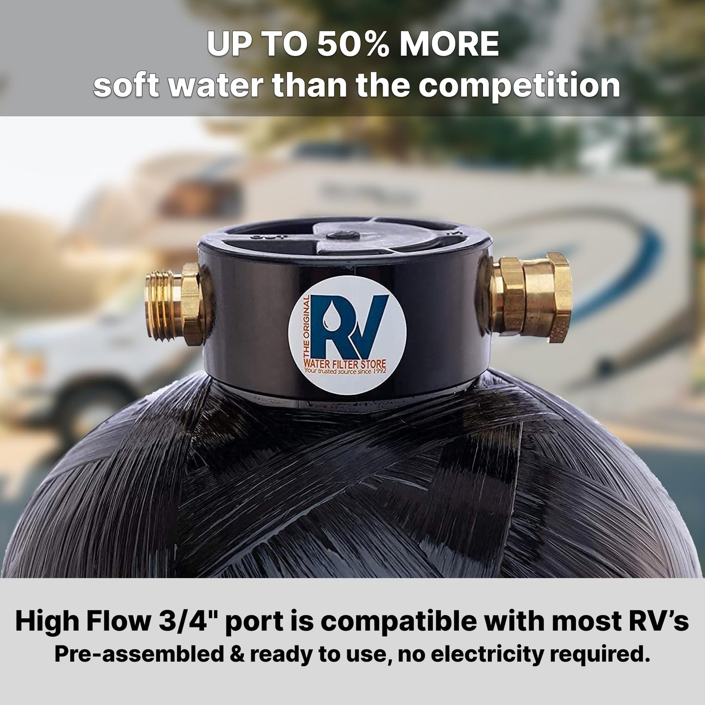 Essential RV Water Softener Portable 16,000 Grain w/o Custom Hose, Long Lasting for RVers Vanlife, 3/4" Fittings, Softens Hard Water When Traveling or Mobile Spot Reducing Car Washing