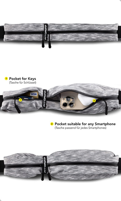 Fitgriff® Running Belt for Men & Women - Secure Jogging Pouch for Phone, Keys & Essentials - For All Cell Phones (White, 24.5" - 35.5" Waist Size)
