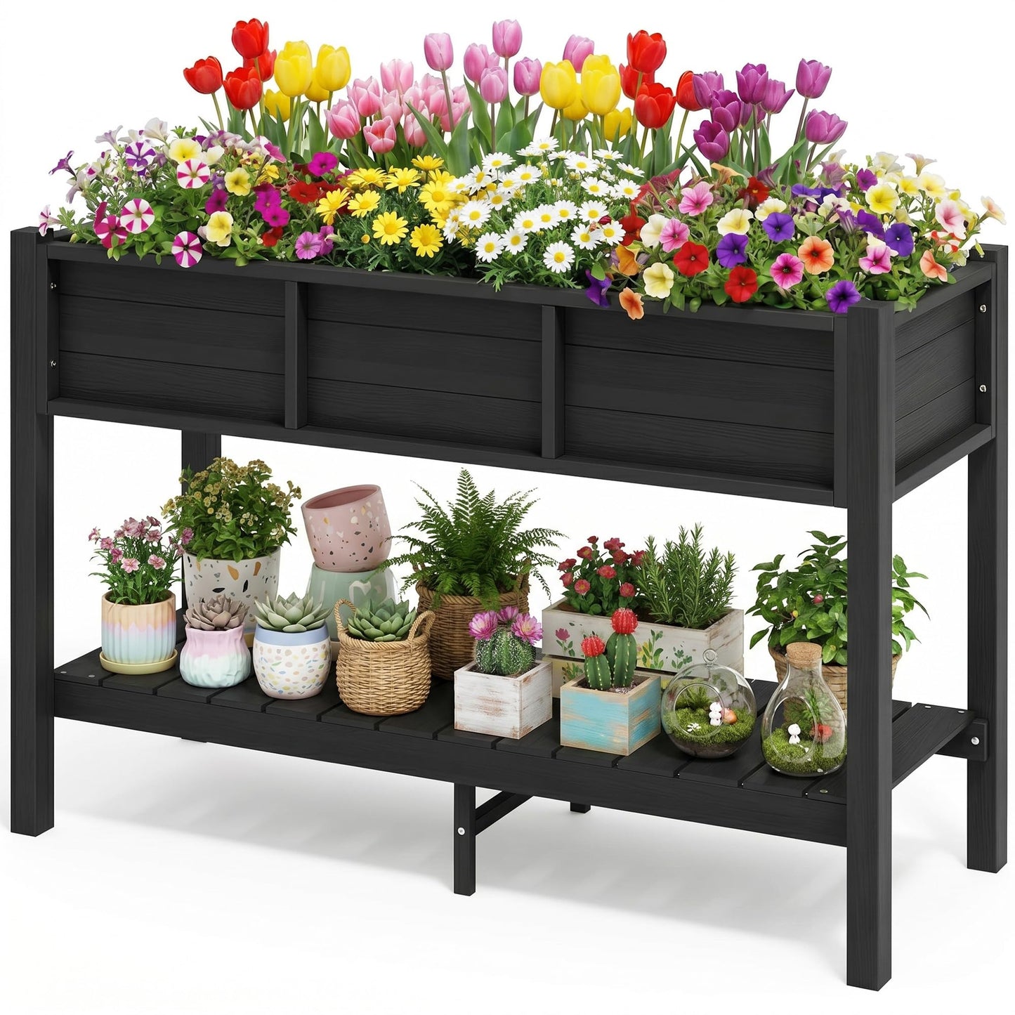 DWVO Raised Planter Box with Legs 48x18x30in Raised Garden Bed HDPE Poly Wood Weather-Resistant Elevated Garden Bed with Storage Shelf, Planter Boxes Outdoor for Patio Balcony Backyard, Black