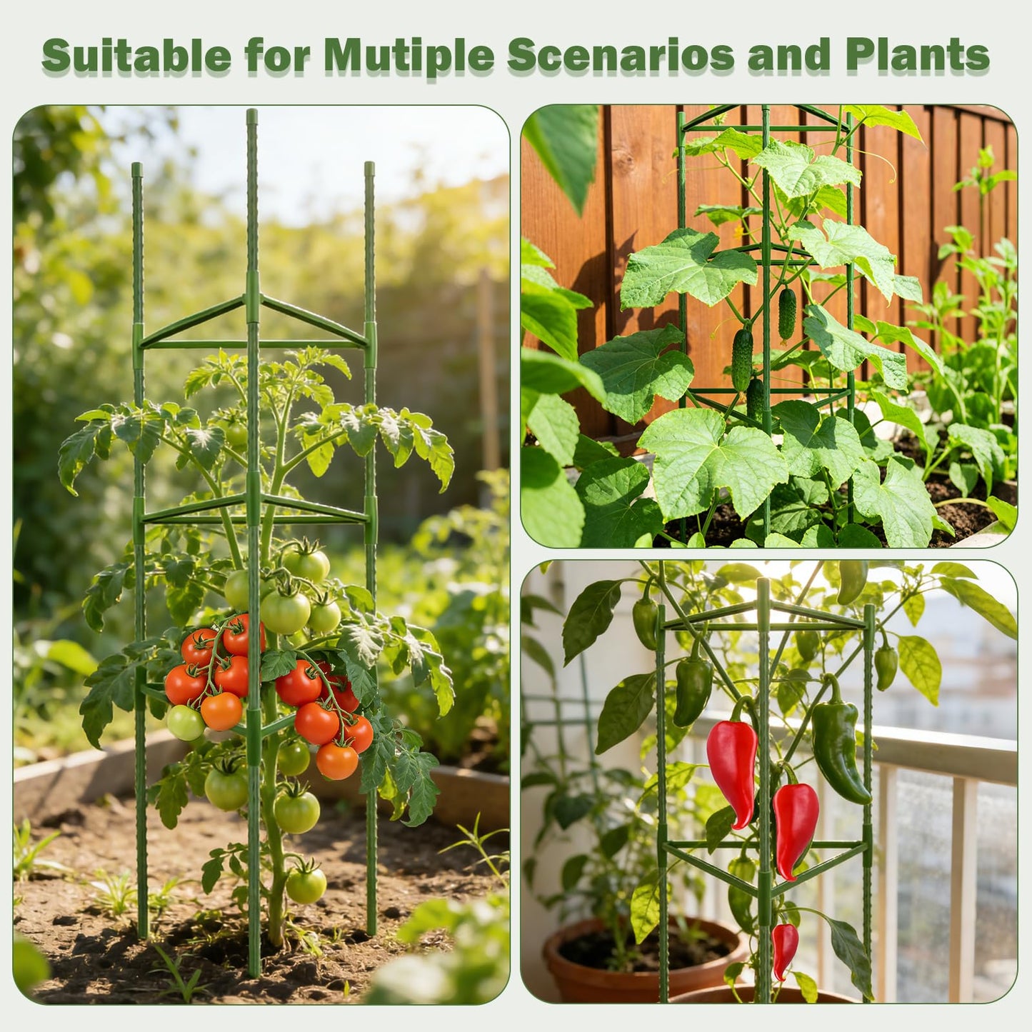 Tegarbed 6 Pack Tomato Cage for Garden Plant Supports, Up to 53 Inch Tomato Trellis for Potted Plants, Heavy-Duty Garden Plant Stakes for Climbing Vegetables Plants Cucumber Peony Flowers, Green