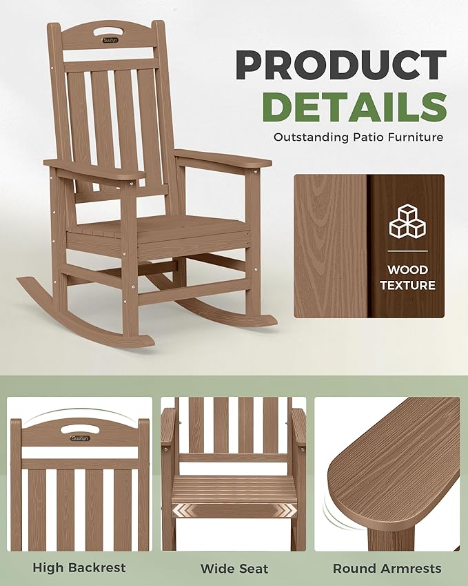 Oversized Outdoor Rocking Chairs Set of 4, High Back Porch Rocker Chair, HDPE All Weather Resistant Rocking Chairs for Patio,380lbs Weight Capacity, Teak