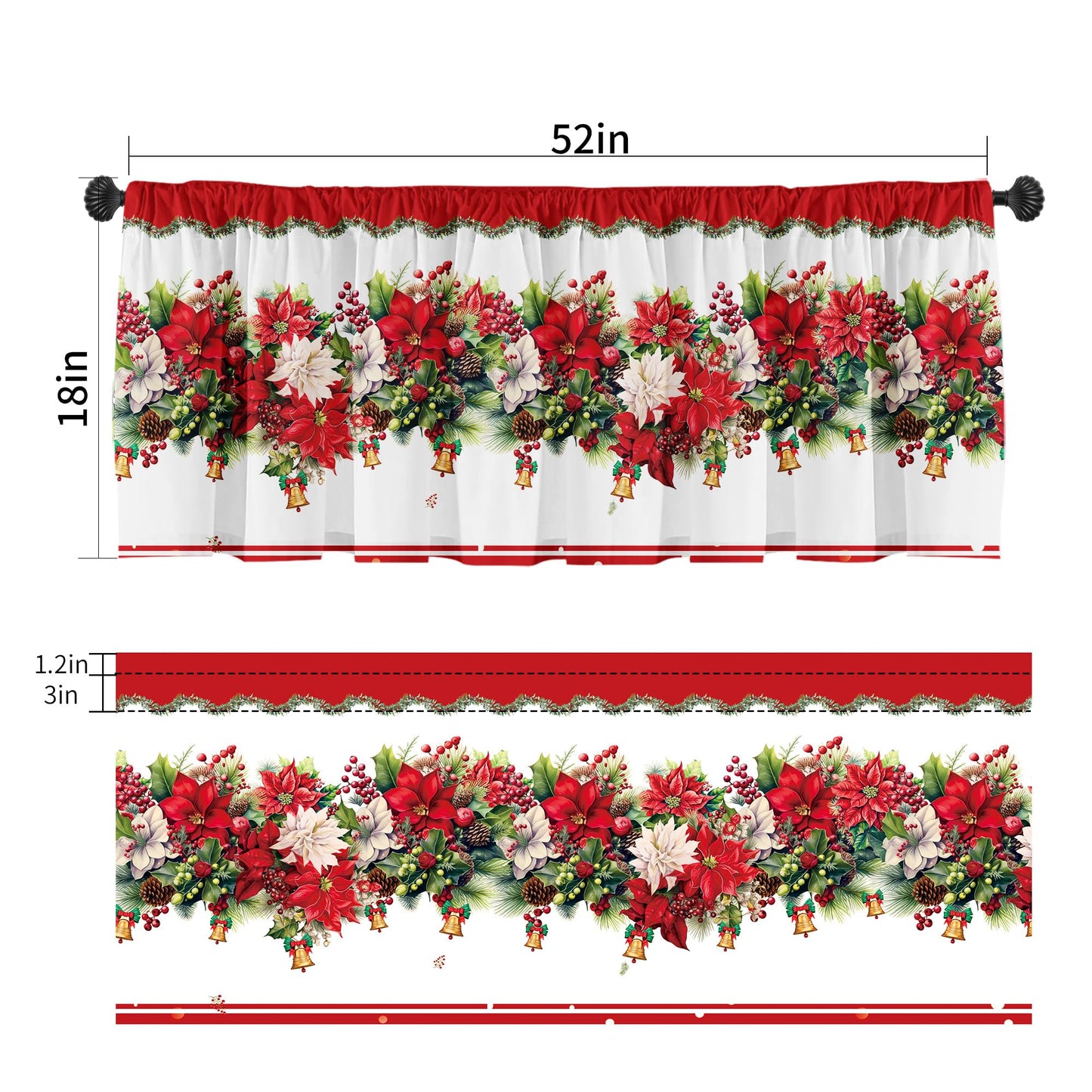 SUNWISHA Christmas Poinsettia Curtains Valance for Kitchen Window 52 x 18 Inch Window Decor Red