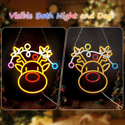 FITNATE Christmas Reindeer Neon Sign, LED Wall Decor Dimmable Elk Neon Light, Light Up Sign for Home Window Party Christmas Decoration