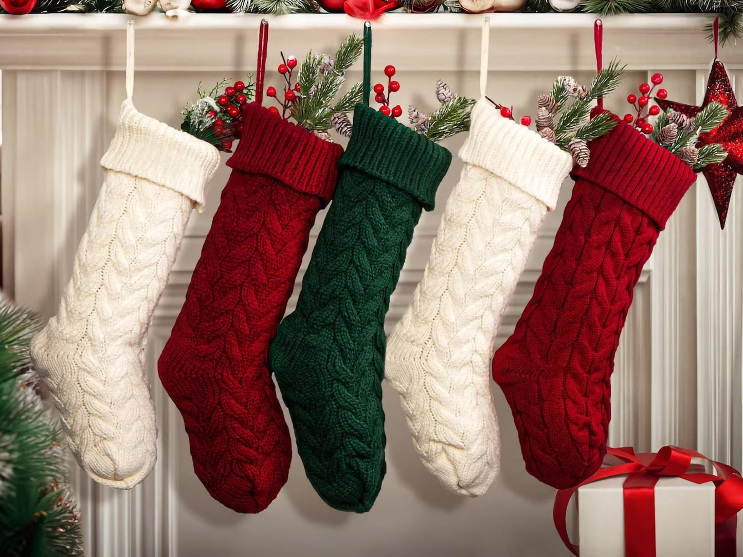 Fesciory 18 Inches Christmas Stockings Bulk, 6 Pack Large Size Cable Knitted Fireplace Hanging Stockings for Family Holiday Xmas Party Decorations, Burgundy&Ivory White&Green
