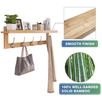 SMIBUY Coat Hooks with Shelf Wall-Mounted, 74 cm Entryway Coat Rack for Wall, Bamboo Hanging Shelf with 5 Double Metal Hooks for Bathroom, Bedroom, Kitchen, Living Room, Mudroom (Natural)