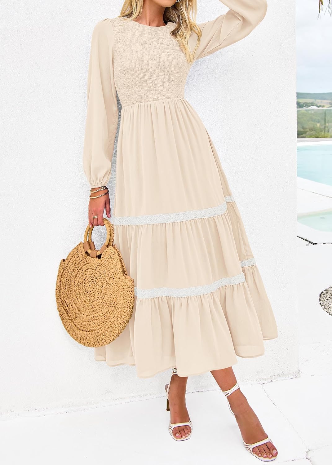 KIRUNDO Womens Smocked Long Sleeve Maxi Dress Wedding Guest Spring Fall Boho Tiered Lace Trim Flowy Long Dresses Pockets