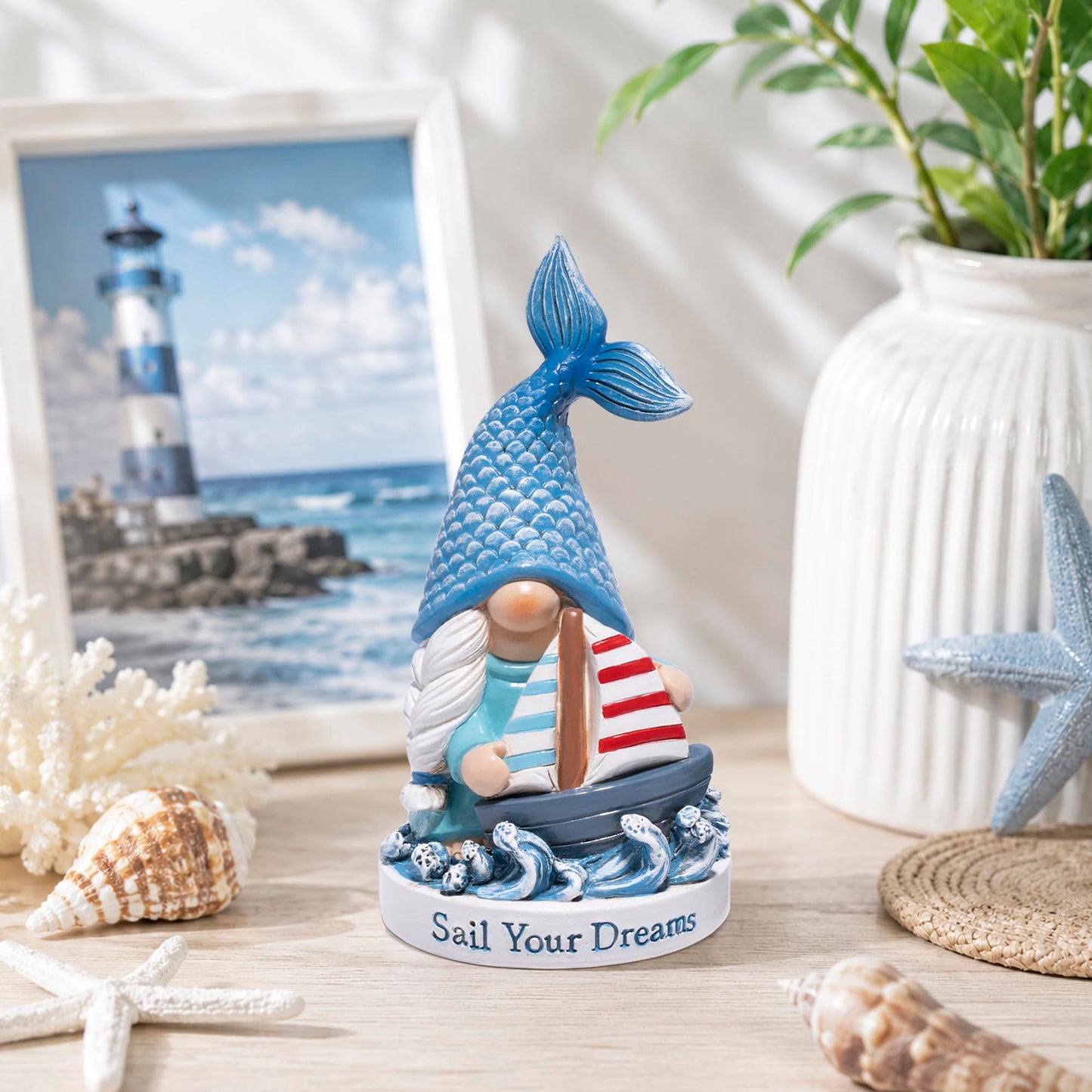 Hodao Ocean Gnome Coastal Decor Figurines Set – Nautical Beach Elf Statues with Sailboat Anchor Helm, Summer Coastal Home Decorations Gift for Bathroom Office Desk Shelf (Blue-Sailboat)
