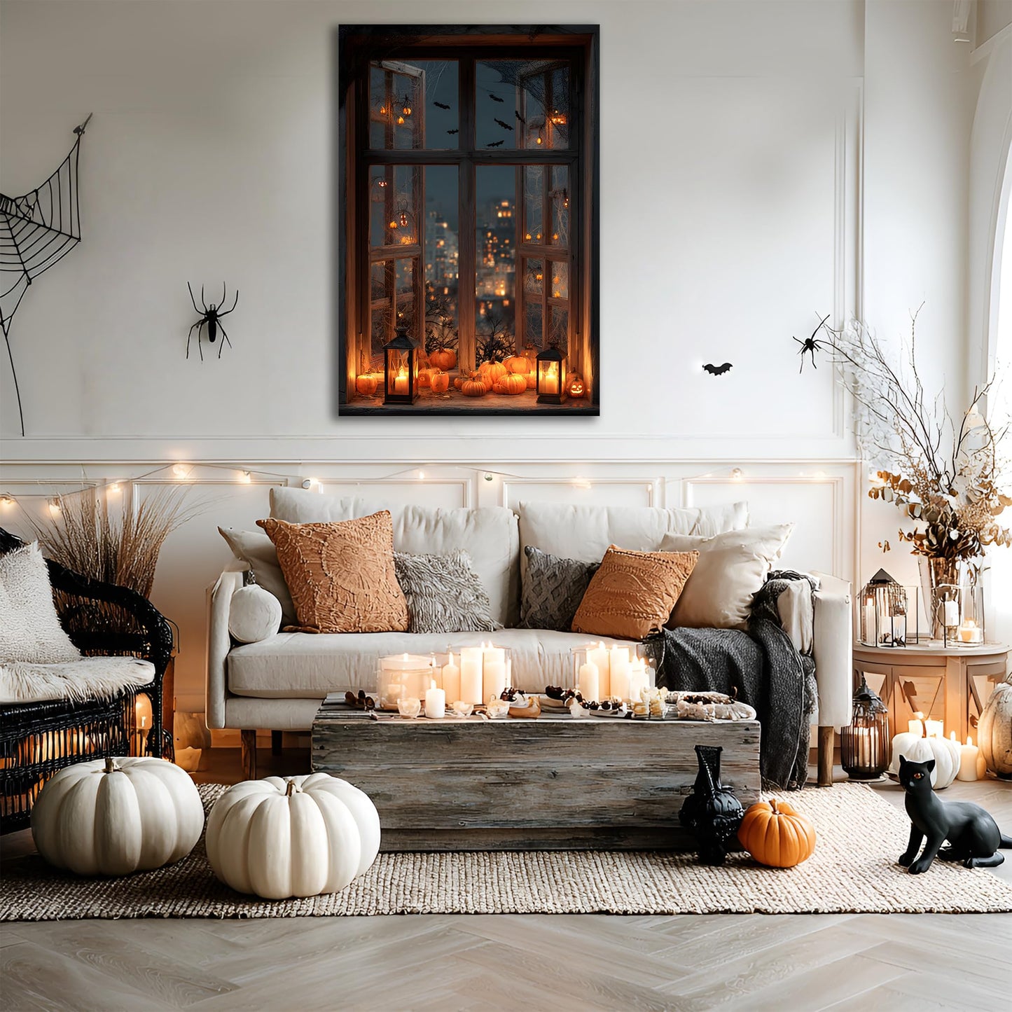 WOOHOOROO Halloween Fake Window Sticker–Peel and Stick 3D Jack O Lantern Pumpkins Bats Haunted House Wall Decor,48" x 32"
