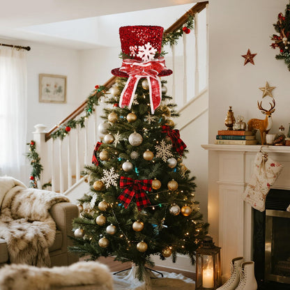 Prsildan Christmas Tree Topper Hat, Large Red Sequins Top Hat with Bow Ribbon and Snowflake, Christmas Decorations for Xmas Tree Snowman, Desktop Ornaments Holiday Home Decor