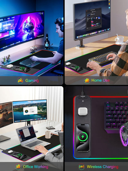 TopMade Wireless Charging RGB Mouse Pad, Waterproof Gaming Desk Mat with 4 Light Modes & 11 RGB Colors, 31.5"x15.75" XXL Large Desk Pad(Includes 20W PD Power Adapter & 6.56ft Woven Cable)
