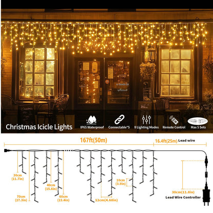 Icicle Lights for Outside, 167ft 17600 LED Icicle Christmas Lights Outdoor Waterproof, 352 Drops with Remote, 8 Modes & Dimmable, Timer for Christmas, Wedding, House, Roof Decoration, Warm White