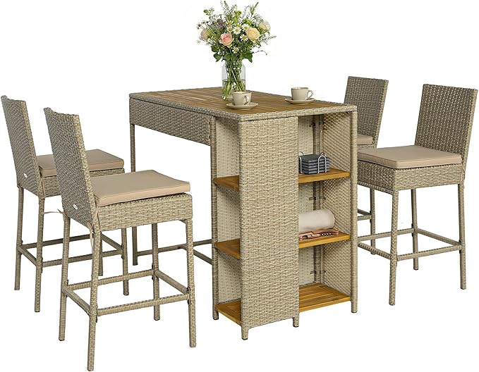 Outsunny 5 Piece Outdoor Bar Set, Wicker Outdoor High Top Table and Chairs