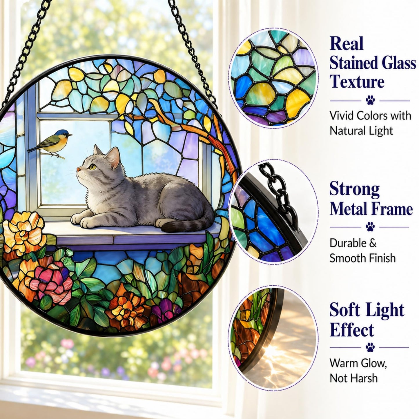 Stained Glass Window Hanging Gray Cat & Bird Design, Suncatcher for Window, for Cat Lovers & Stained Glass and Christmas, Mother's Day Father's Day Birthday