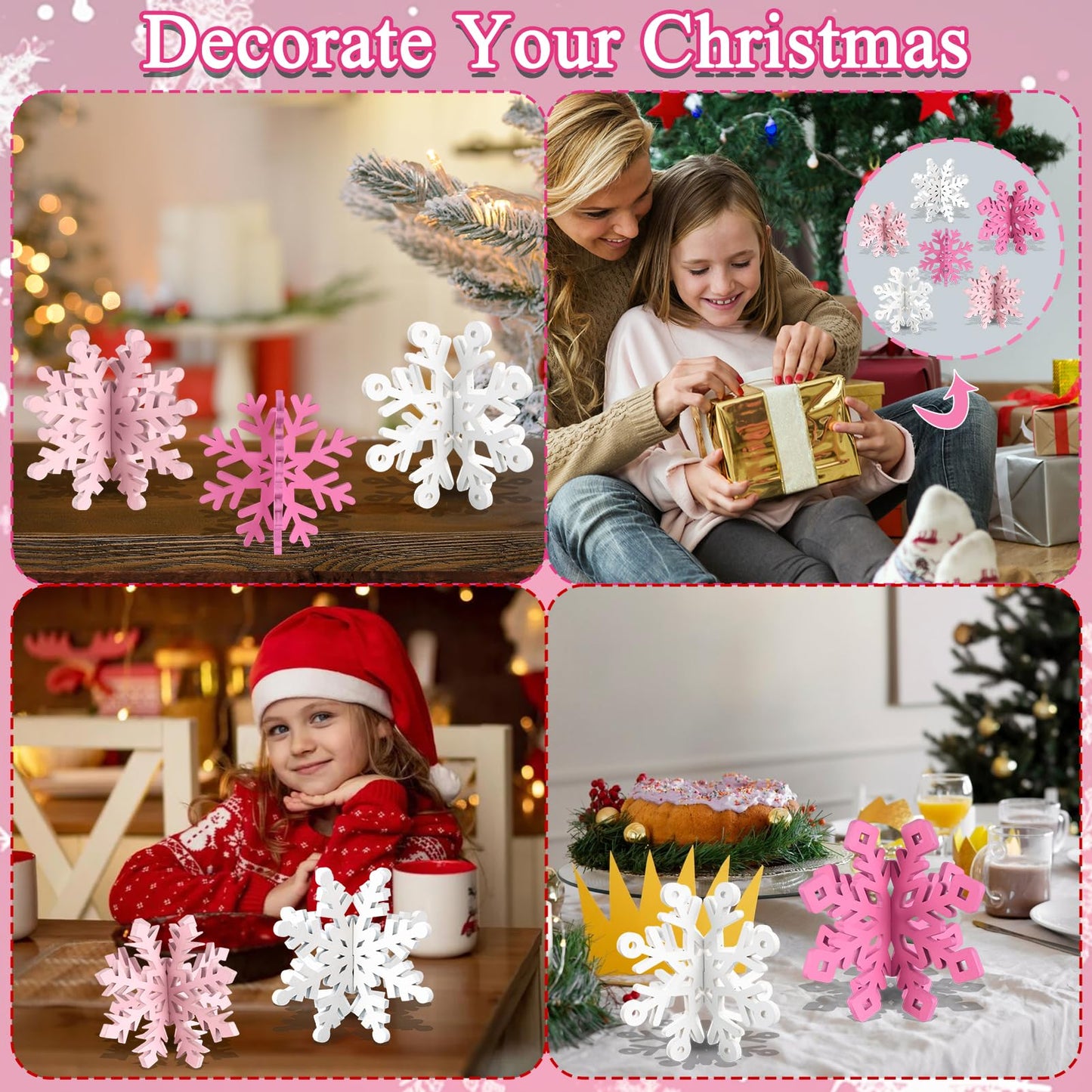 OuMuaMua 12 Set Snowflake Christmas Table Decorations - 24pcs Pink White Wooden 3D Snowflake Decor Tabletop Centerpieces for Christmas Party Supplies Home Decor