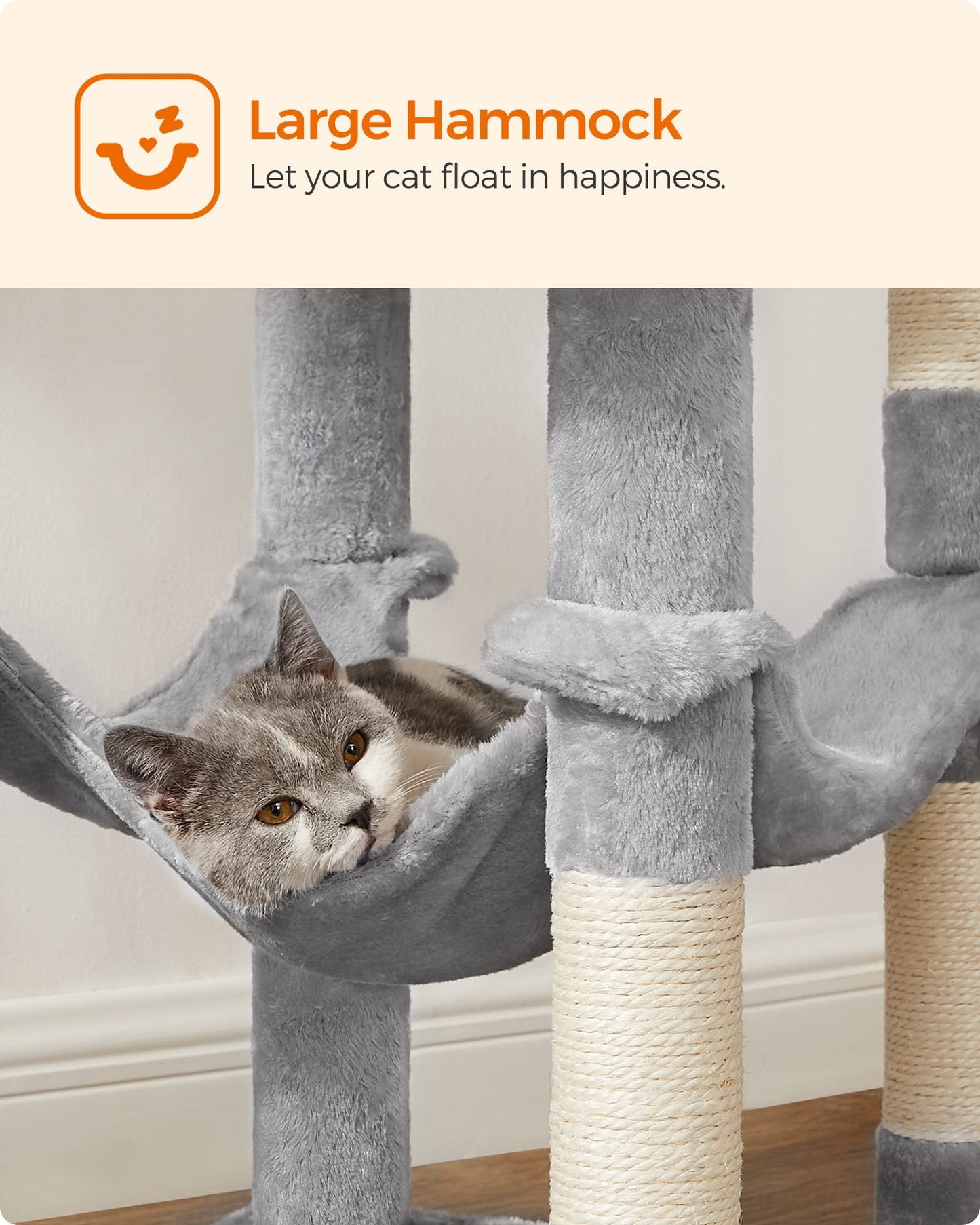 Feandrea Cat Tree, 143 cm Multi-Level Plush Cat Condo with 4 Scratching Posts, 2 Perches, Cave, Hammock, Pompoms, Light Grey