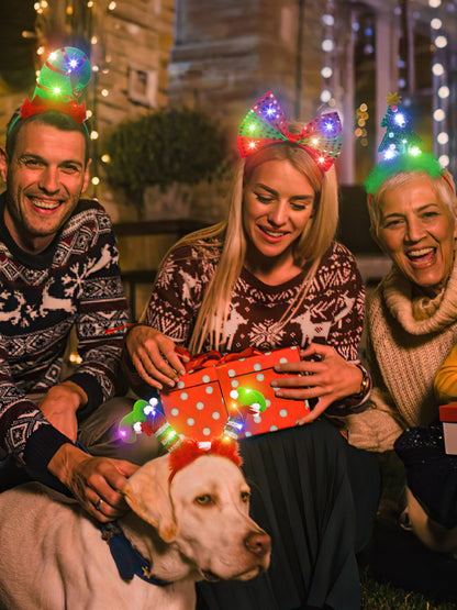 HOVACY Christmas 6 PCS LED Light Up Headband, Reindeer Antler Santa Hat Christmas Tree Leprechaun Hat Bow Hair Hoop for Xmas Holiday Party Favors Adults Women