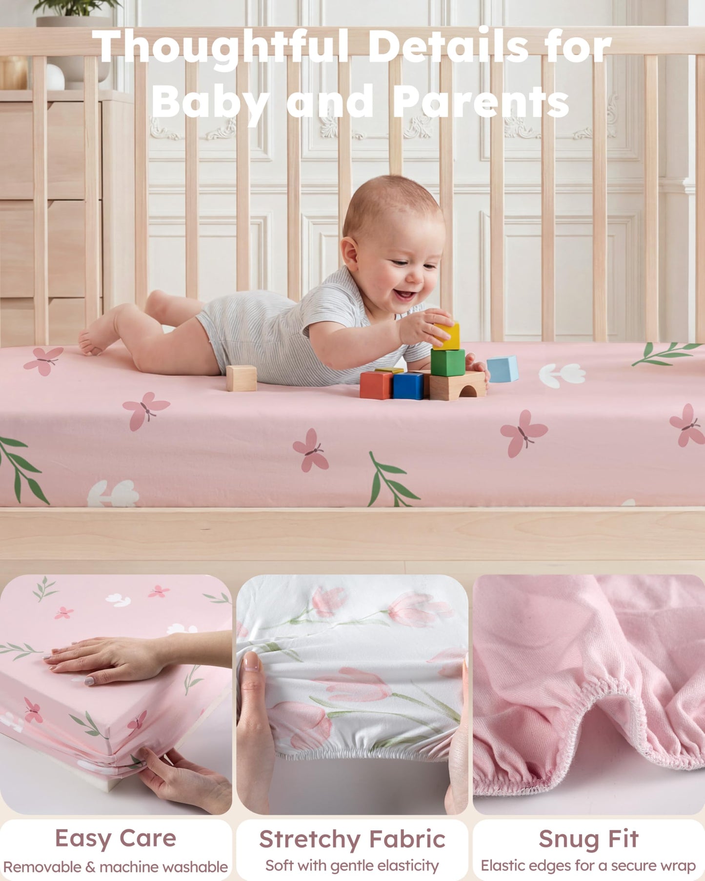 Nyessmee Baby Crib Sheets Girl, Fitted Crib Sheets 52" x 28", Soft Breathable Microfiber Sheets for Standard Crib and Toddler Mattress, 2-Pack Pink Tulips
