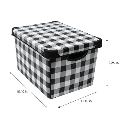 Simplify Checkered Design Storage Bin | Christmas Tote | Holiday Décor Decorations Organizer | Buffalo Plaid Design | Lidded | Stackable | Black and White