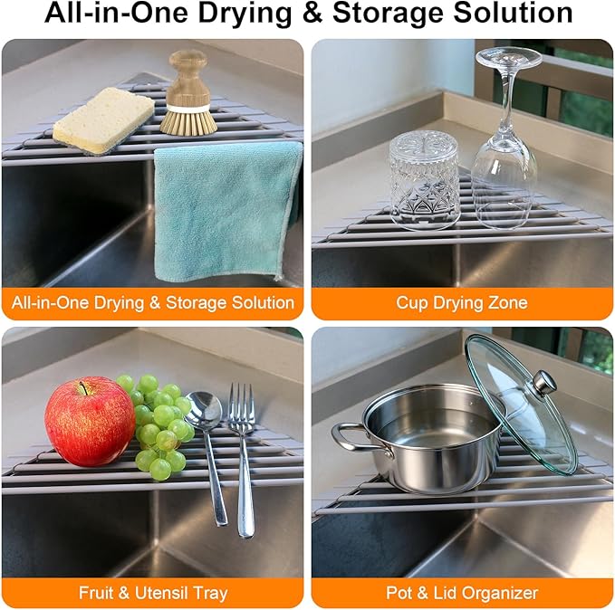 Corner Sink Caddy Kitchen Sink Organizer, Silicone Wrapped Triangle Roll Up
