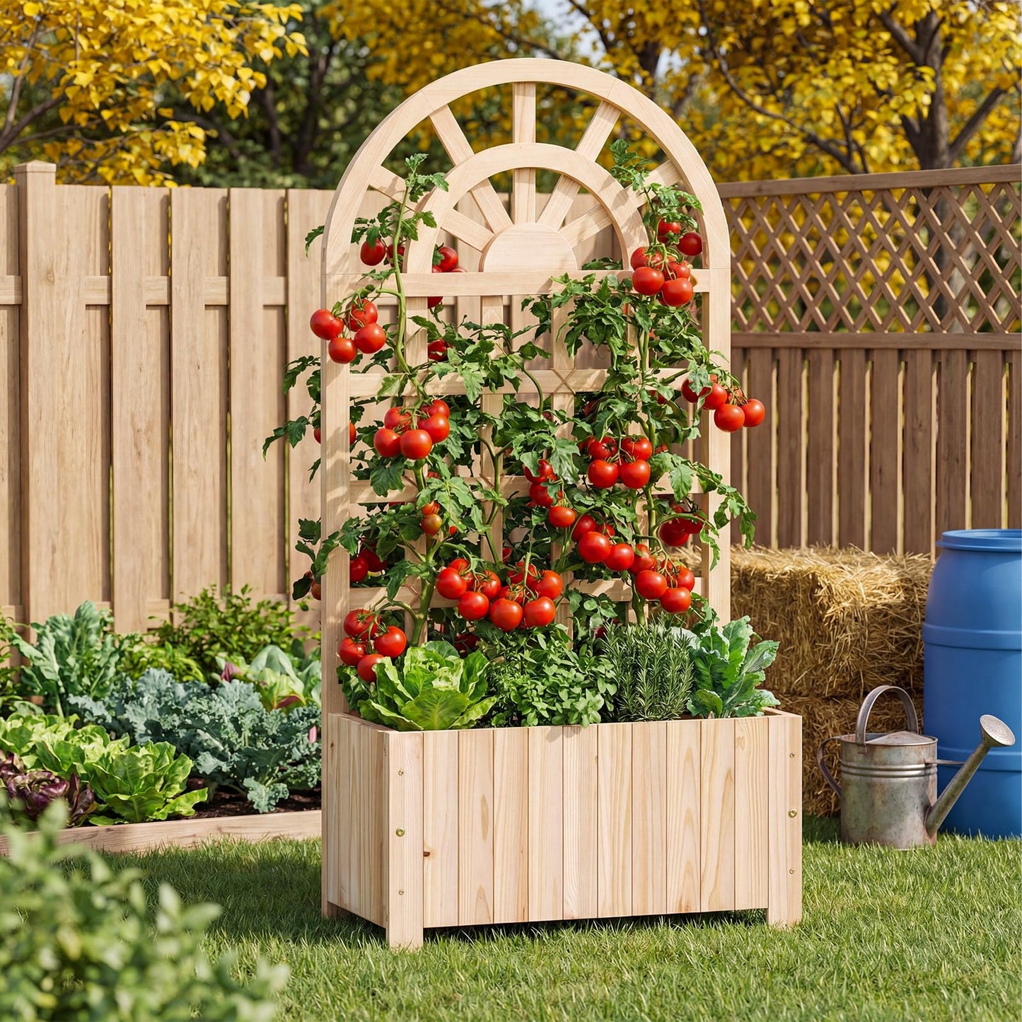 Happygrill Wooden Raised Garden Bed with Trellis, Outdoor Planter Box with Drainage Holes, Privacy Screen, Natural Fir Wood Elevated Garden Bed for Climbing Plants Flowers (1, Natural, 24''x12''x48'')
