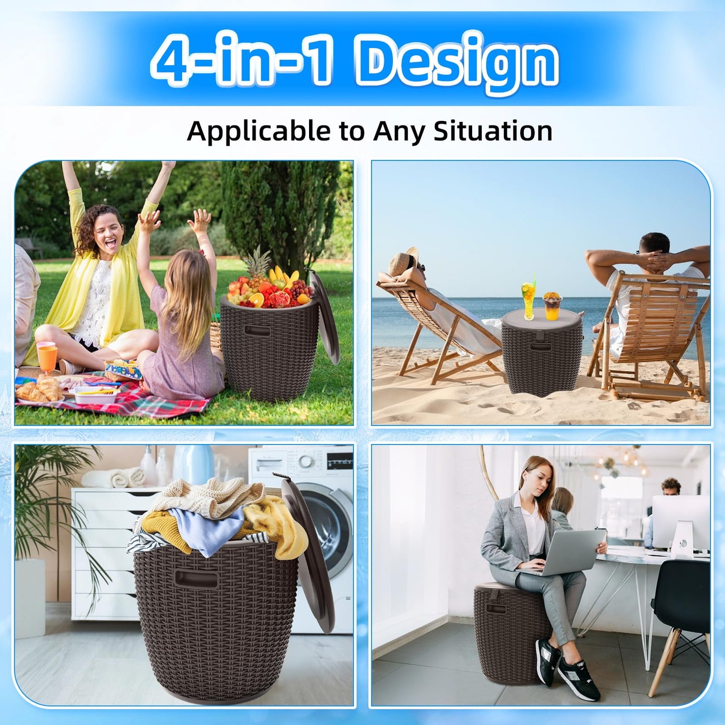 Outdoor Ice Cooler Side Table, 9.5 Gallon Beer and Wine Cooler for Patio Party, Portable Bar Table Rattan Pattern Round Portable Ice Chest, Patio Furniture & Beverage