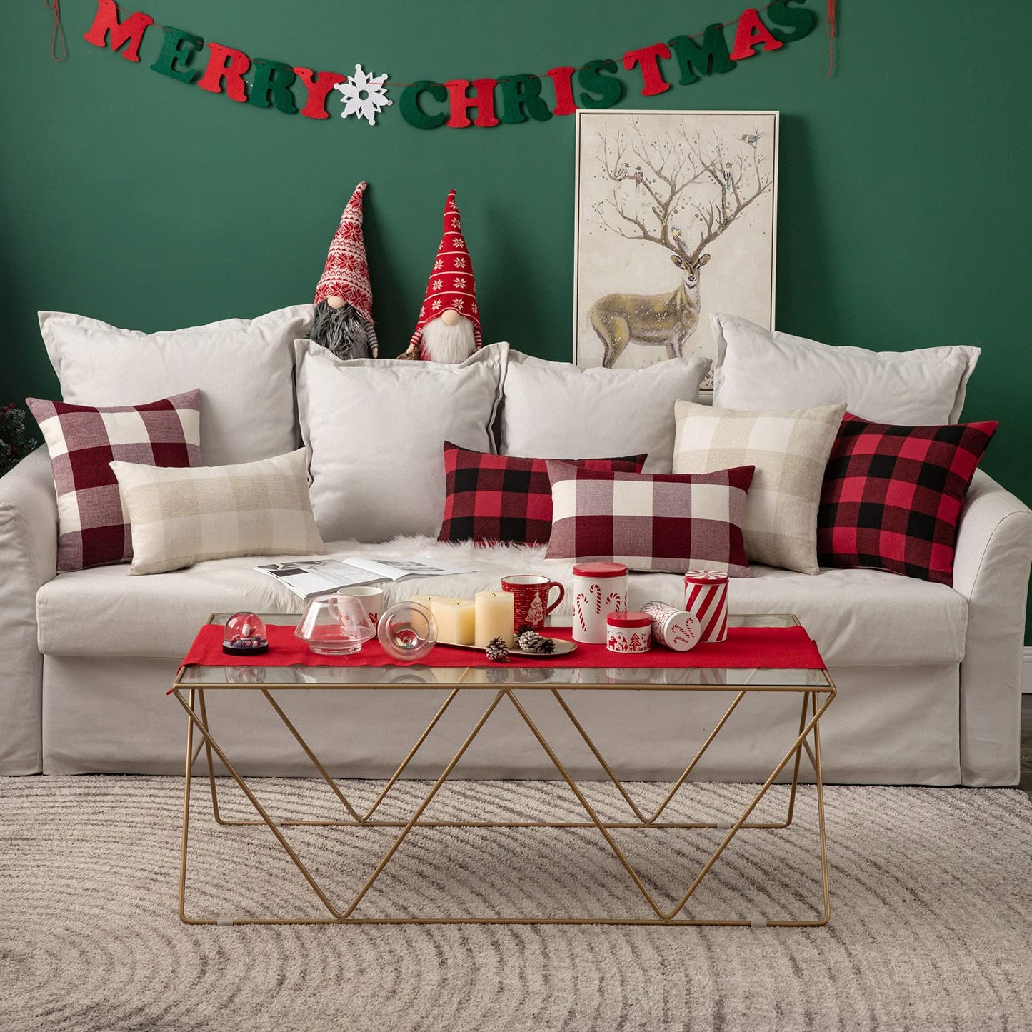 MIULEE Pack of 2 Christmas Classic Farmhouse Buffalo Check Plaids Linen Soft Soild Decorative Square Porch Throw Pillow Covers Home Decor Cushion Case for Sofa Bedroom 18x18 Inch, White and Red