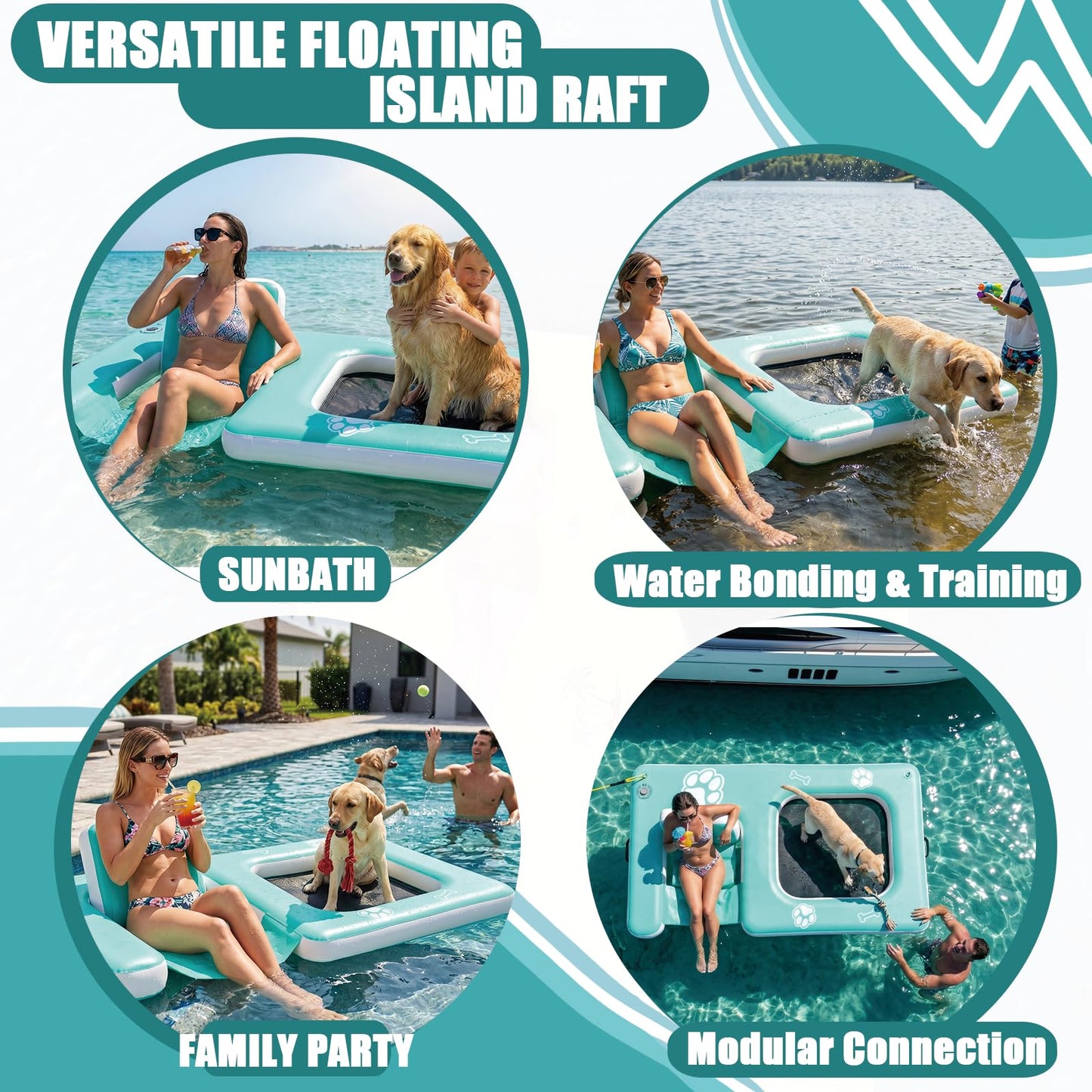 JUSTOOP Inflatable Dog Pool Float with Seat, Durable PVC Inflatable Floating Dock with Mesh Swim Area, Floating Platform Swim Docks for Adults & Dogs, 242 lbs Capacity, Portable Floating Lounge