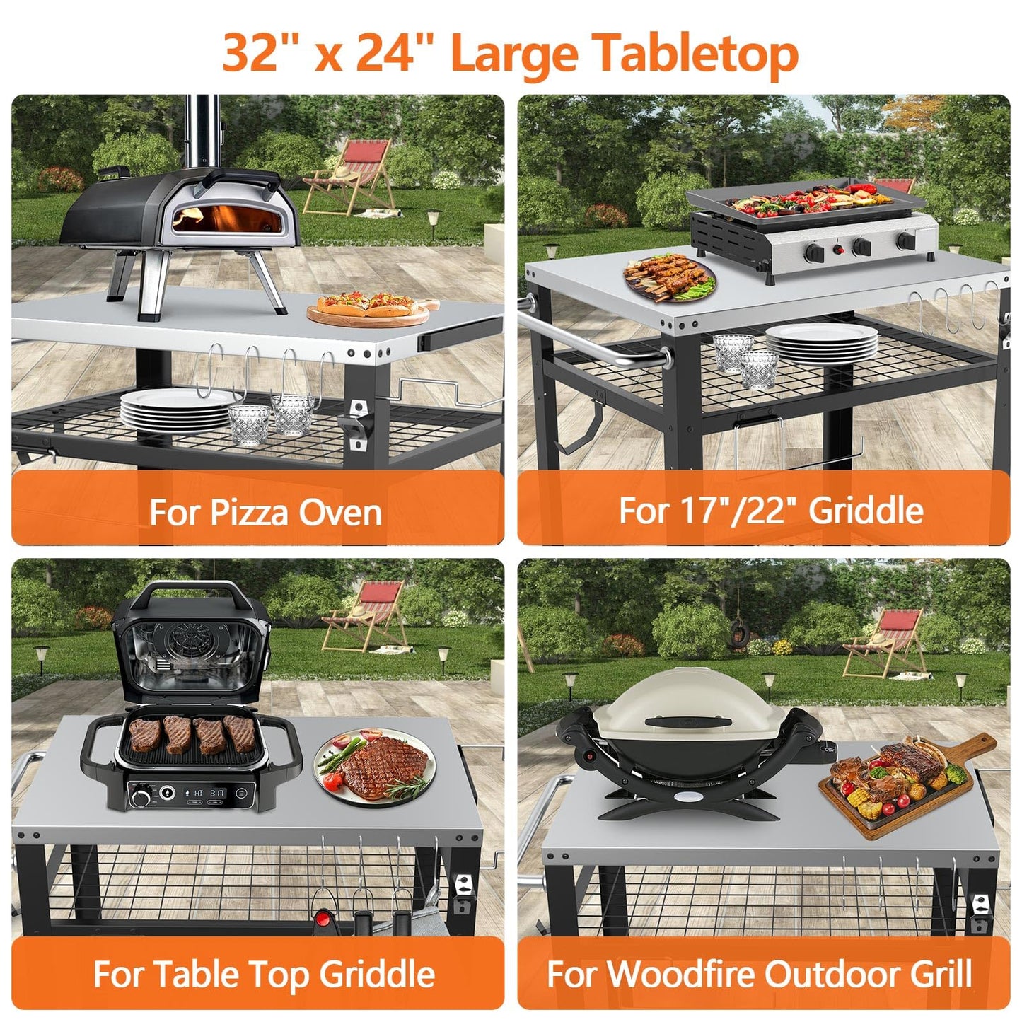 M METERXITY Stainless Steel Pizza Oven Table for Ooni, 650lbs Outdoor Grill Cart with Wheels and Handle, 32"x 24" Three-Shelf Food Prep Cart for Griddle, Movable Outdoor Pizza Cart