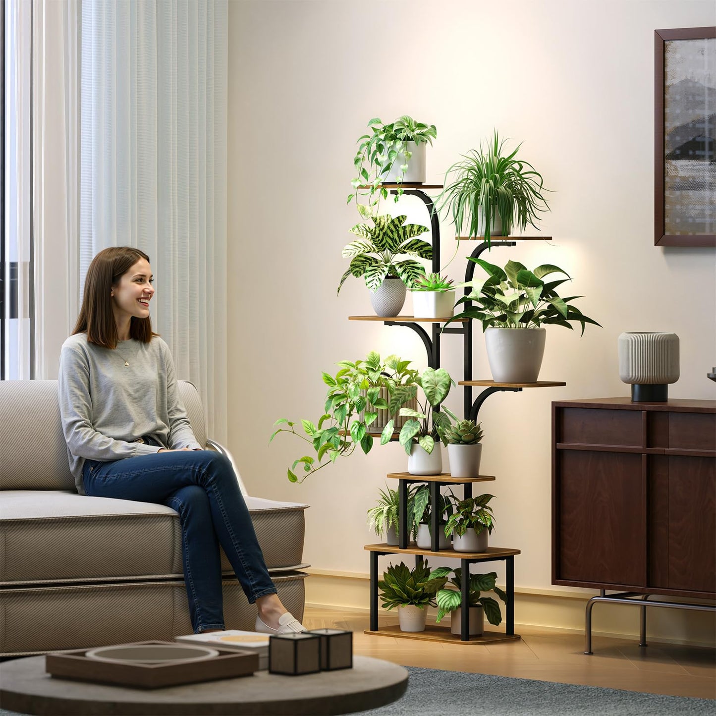 MemoCastle Tall Plant Stand with Grow Lights – 8 Tier 63" Metal and Wooden Indoor Flower Shelf Rack, Adjustable Large Corner Organizer for Living Room or Home Gardening Display