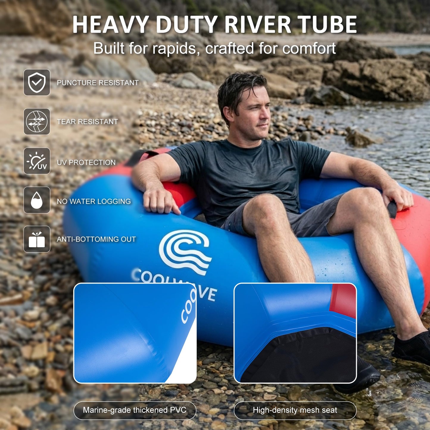 COOLWAVE Inflatable River Tube with Hand Pump, Heavy-Duty River Tubes for Floating, 43" Floating Tube with Mesh Seat for River, Lake, and Whitewater, Float Tube for Family and Friends, 300LBS Capacity