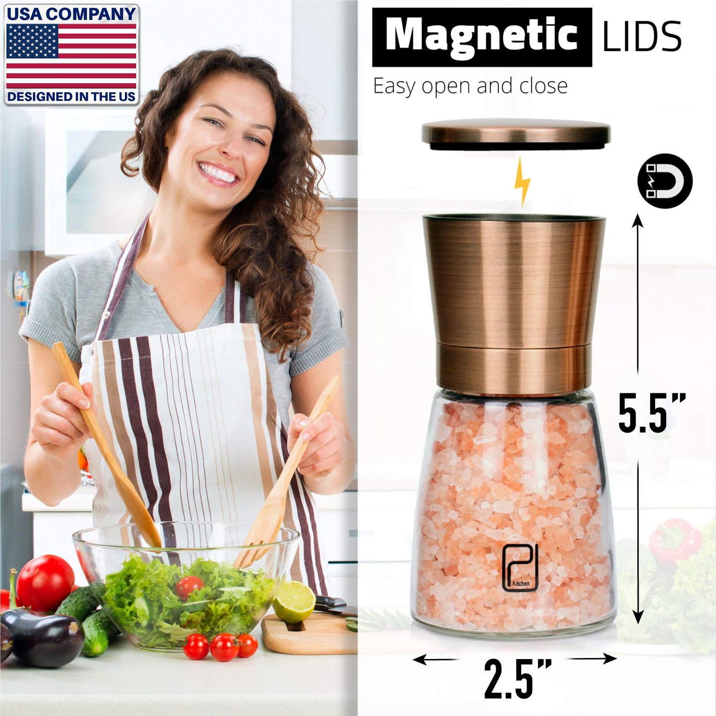 Premium Salt and Pepper Grinder Set w/Bamboo Holder - 6 oz, Copper Stainless Steel - S&P Spice Shakers - Refillable & Adjustable Coarseness Hand Mill for Spices & Seasonings - by PJC-Kitchen