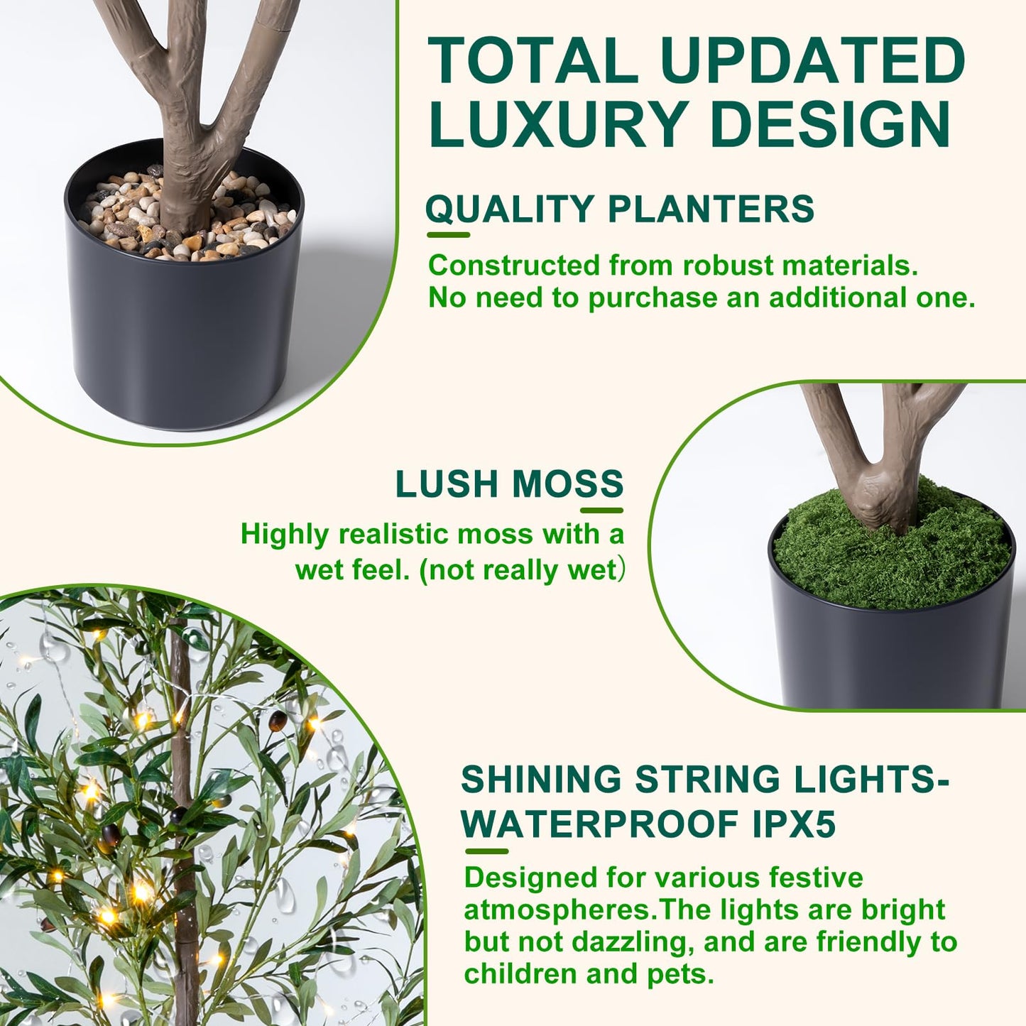 Artificial Olive Tree Indoor, 5Ft Faux Olive Trees Artificial Indoor with String Lights and Stones On Planter, Artificial Faux Plants with Natural Wood Trunk and Lifelike Fruits for Home Office Decor