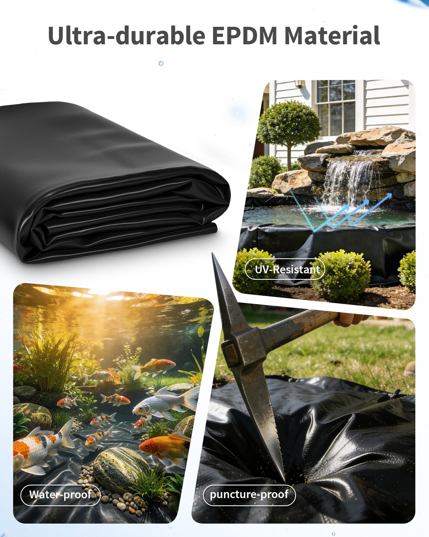 POPOSOAP Pond Liner, Mil Fish Pond EPDM Liner, U-V Resistant Preformed Garden Pond Liners for Outdoor Ponds, Koi Ponds, Garden Fountain, Waterfalls 13 x 13 FT 45Mil