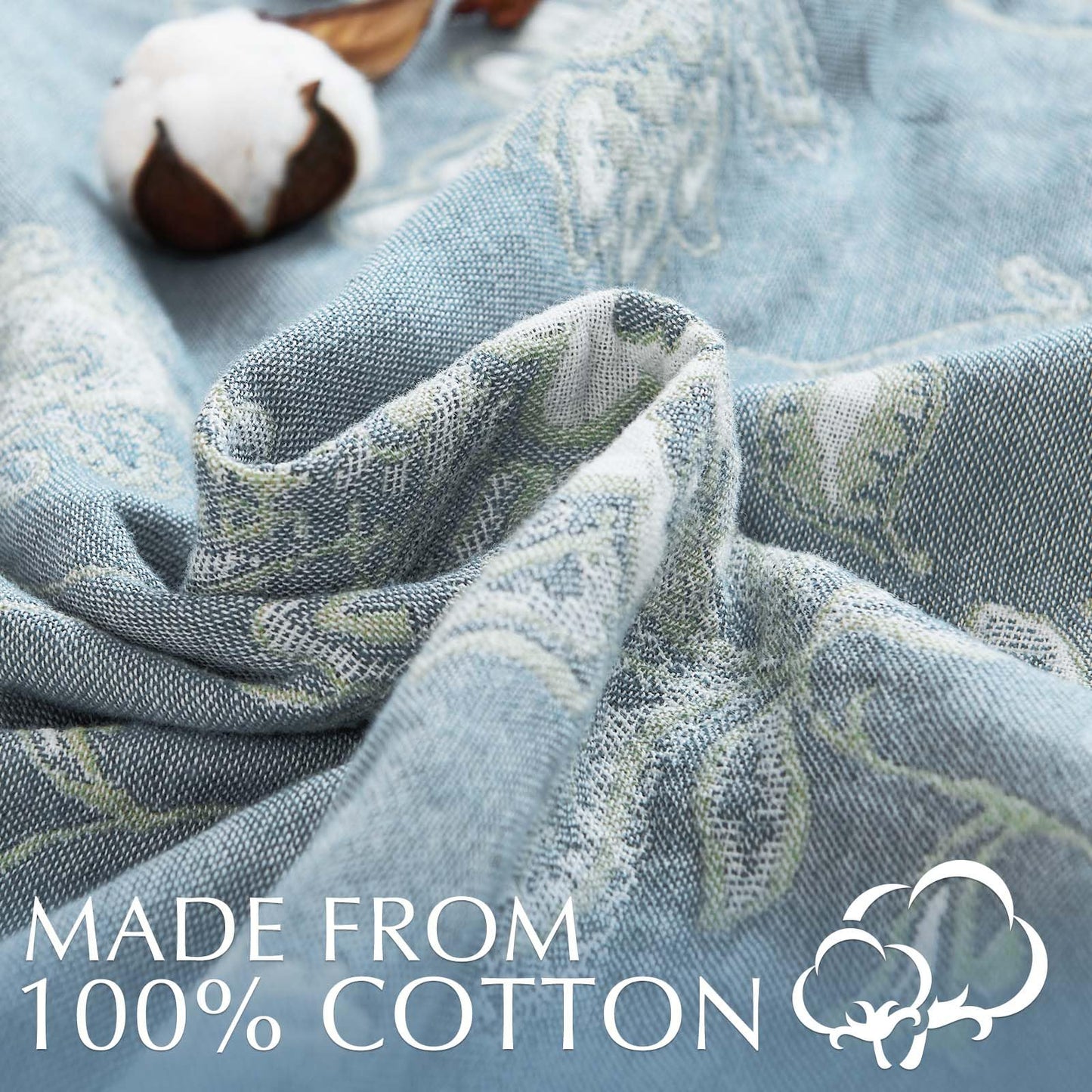 jinchan Boho 100% Cotton Muslin Twin Size 50x60 Inches Blanket Lightweight 4-Layer Quilted Soft Blue and White Floral Throw Blanket Green Accents Reversible Comfy Flower Breathable Summer Couch