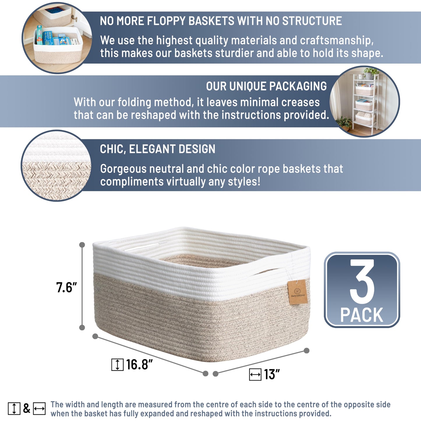 NaturalCozy Storage Baskets 16.8”x13”x7.6” Cotton Rope Woven Baskets for Organizing 3-Pack | Toy Storage Bins | Basket for Shelves, Laundry, Blanket, Clothes, Closet, Kitchen, Bathroom, Gifts