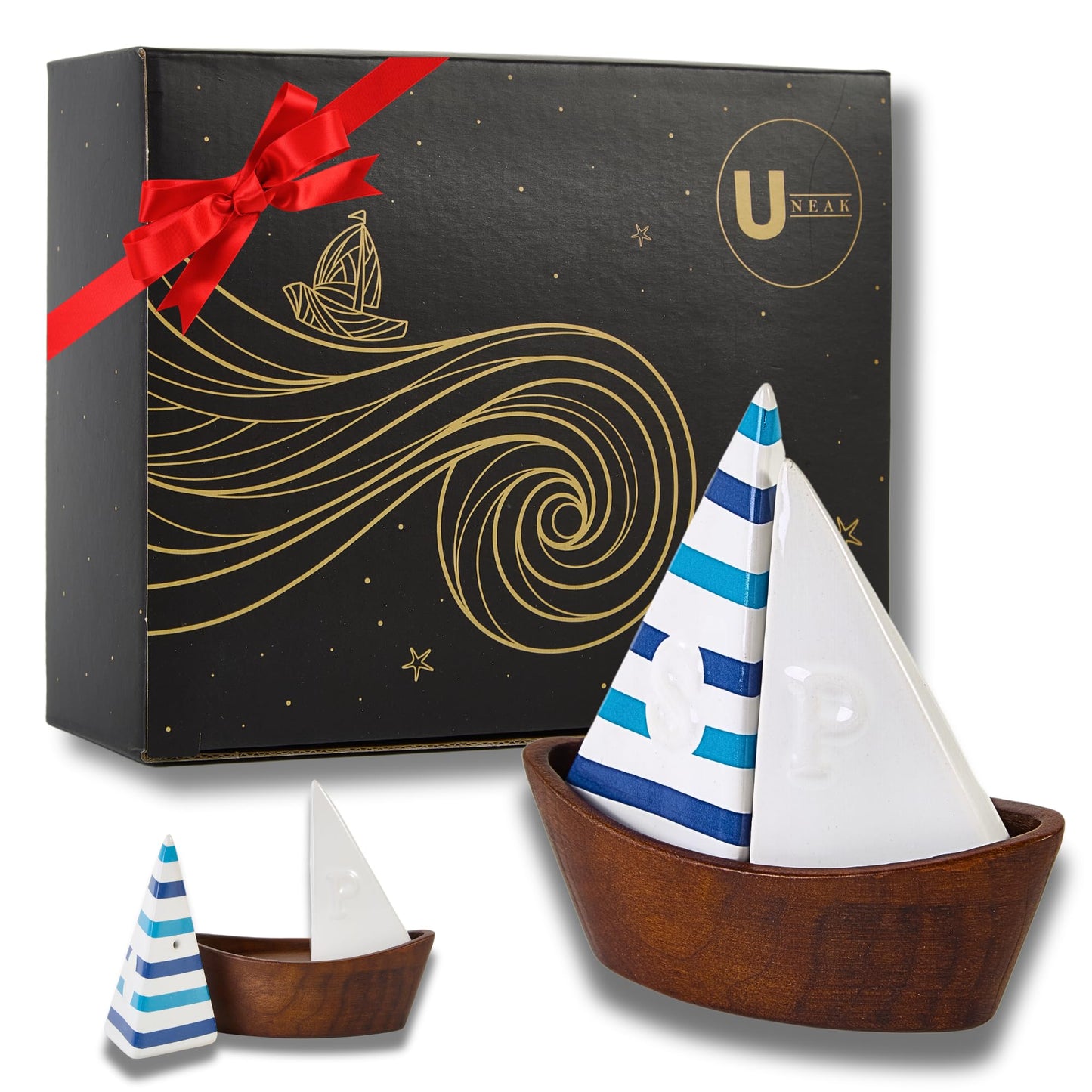 UNEAK -Handcrafted Ceramic Cute Sailboat Salt And Pepper Shaker with Cherry Wood Base/Boat Elegant (2 Pcs Set) Gift Shakers Set Compact Cooking, Kitchen and Dining Room, Classic, Refillable
