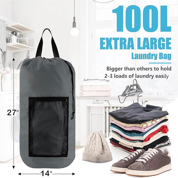 Laundry Bag Backpack with Shoulder Straps and Mesh Pocket Laundry Backpack