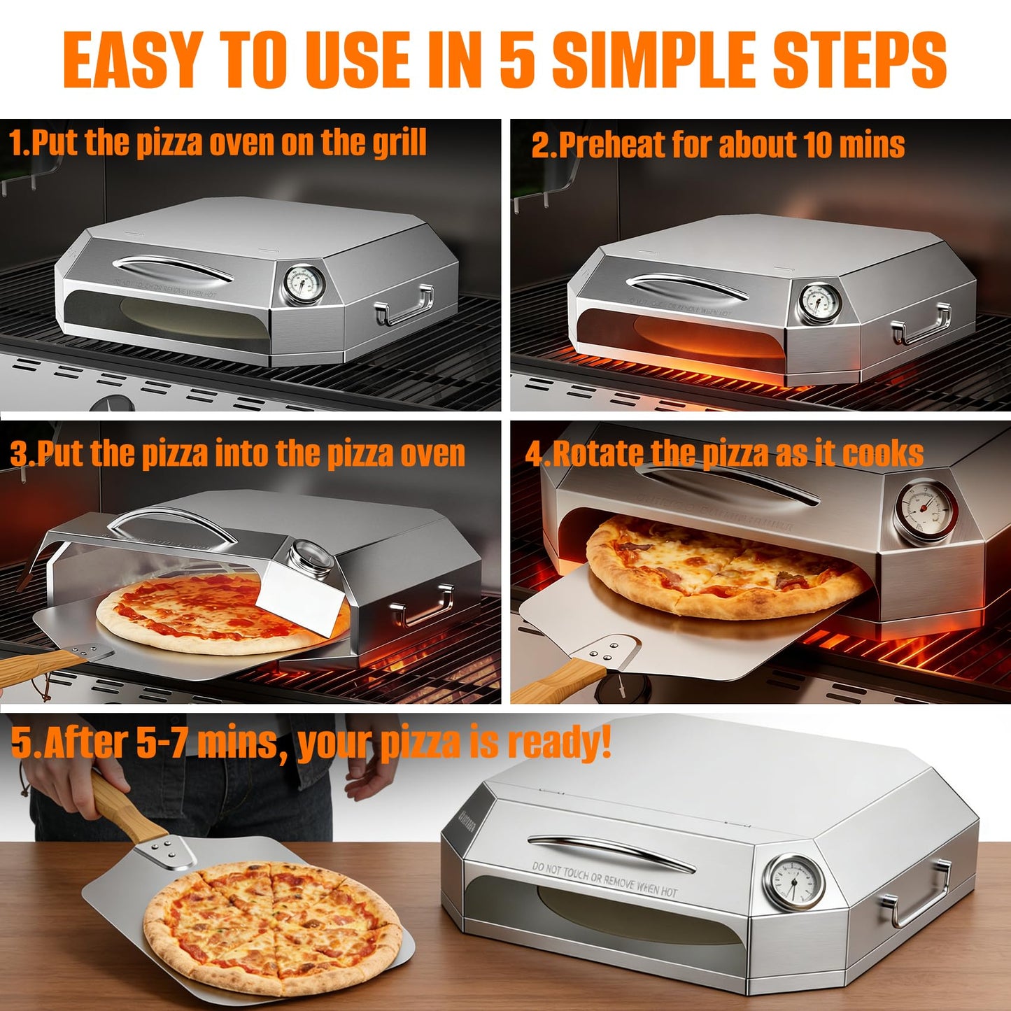 Onlyfire Stainless Steel Grill Top Pizza Oven Kit, Portable Pizza Maker for Gas Charcoal Pellet Grill, Flip-Open Lid, Includes Pizza Stone, Pizza Peel & Thermometer, Fits Weber Napoleon