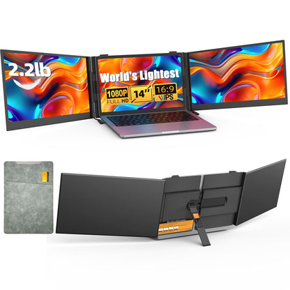 14" Dual Laptop Screen Extender with 1.3lbs - Ultra Thin Portable Monitor for Laptop Plug & Play, FHD 1080P Laptops Extended Monitor for 13"-17" Laptops, USB-C/HDMI Travel Display for Mac/Win