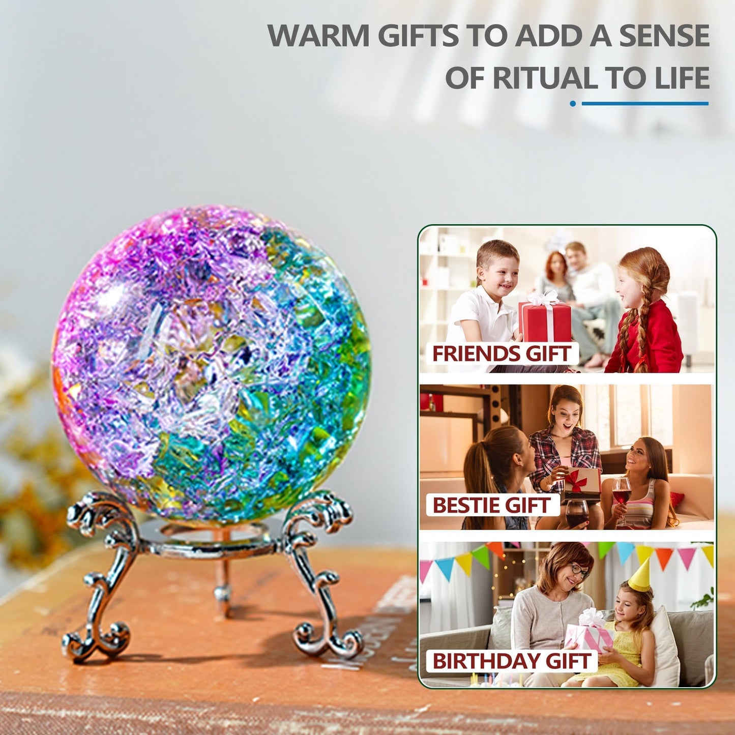 ZEERSHEE Colorful Ice Cracked Crystal Ball with Stand, 2.3" Glass Decor