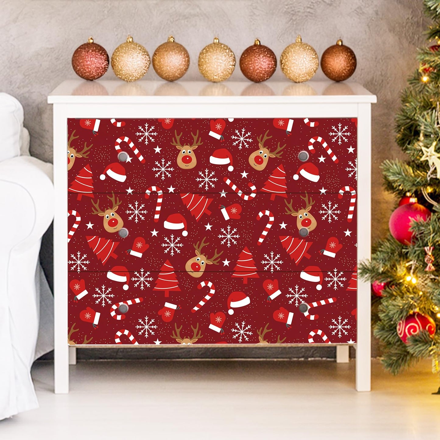 IARTTOP Merry Christmas Wallpaper Peel and Stick Snowflake Contact Paper for Cabinets and Drawers Christmas Reindeer Wallpaper Xmas Candy Canes Decals for Winter Holiday Home Party Decor(17.3"X118.1")