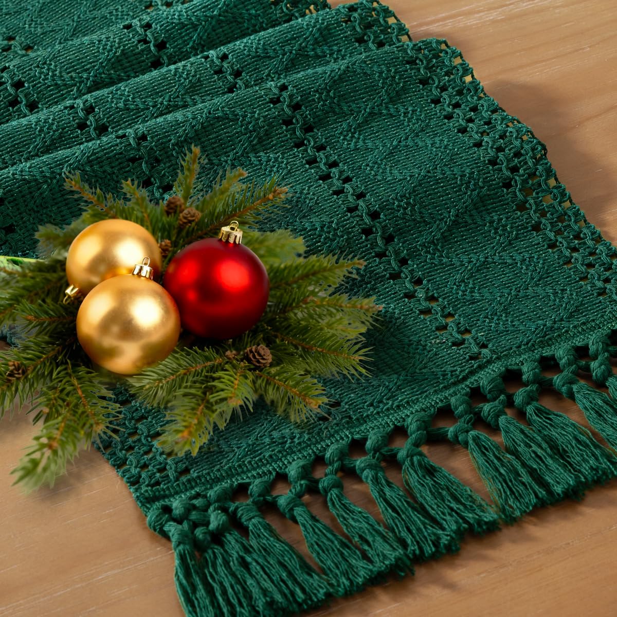 Socomi Boho Table Runner Fall Thanksgiving Farmhouse Rustic Dining Kitchen Centerpiece Decor Small Macrame Woven Cotton Linen Coffee Table Runner for Dresser Scarf Home Decor 12x48 inch Emerald Green