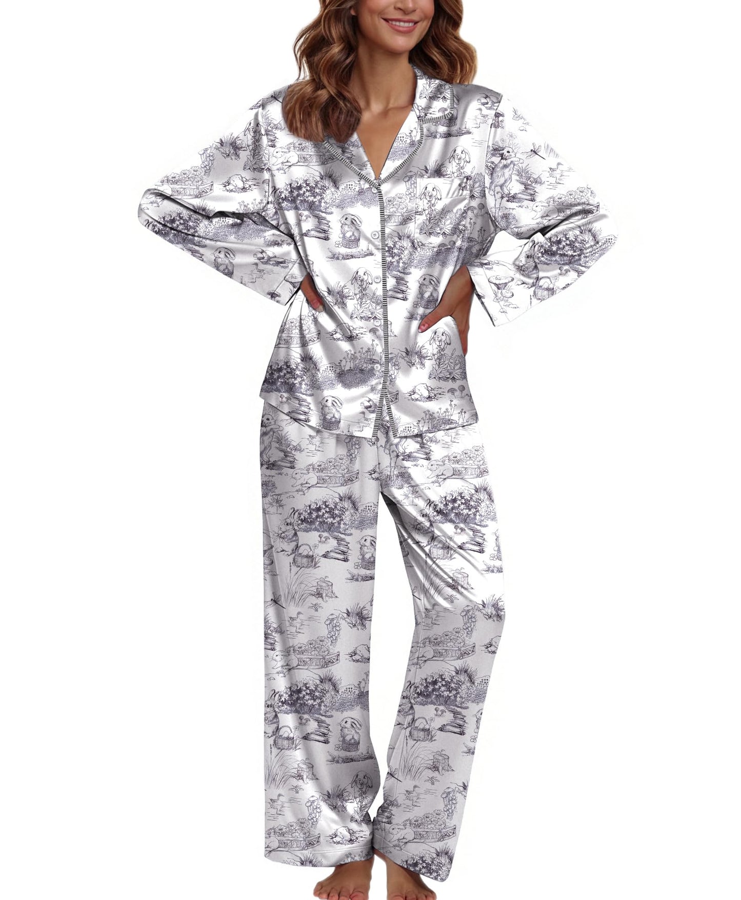 Ekouaer Pajamas For Women Set Silk Pjs 2 Piece Satin Sleepwear Long Sleeve Button Down Lounge Sets With Pant