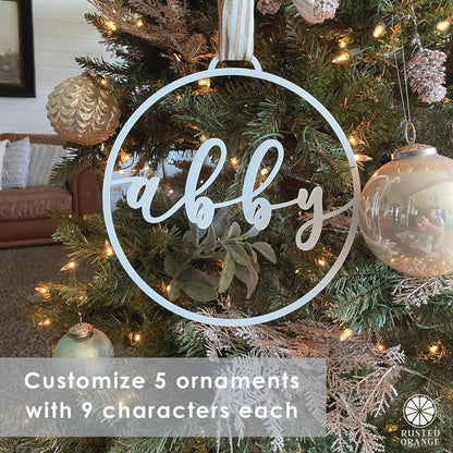 Minimalist Custom Ornaments (5 Pack; 4 inch) - Personalized Modern Metal Cursive Name Christmas Ornaments for Christmas Tree