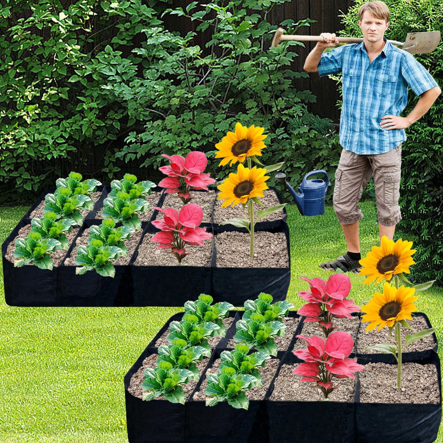 2 Pack Fabric Raised Garden Beds,128 Gallon 8 Grids Thickened Rectangle Plant Grow Bags,Reusable Outdoor Gardening Planting Container Planter Pot for Growing Herbs Flower Gardening Vegetables Chillies