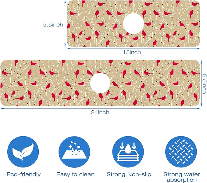 Christmas Cardinal Birds Kitchen Sink Splash Guard Mat Absorbent Fast Drying