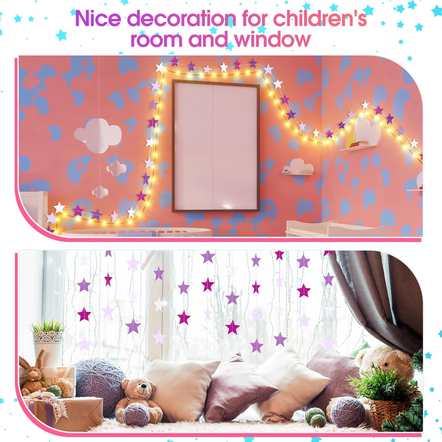 Patelai Glitter Star Garland Banner 2026 Graduation Decor 130 Feet Star Hanging Banner Twinkle Backdrop for Party Birthday Classroom Wedding Supplies(Purple,White)